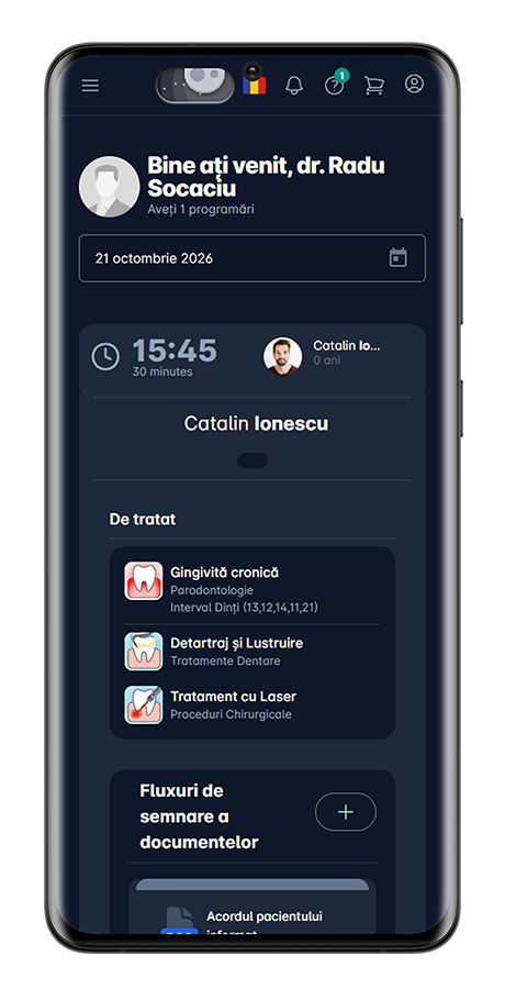 Aplicația SmilesManager pe telefon mobil - Interfață software stomatologic