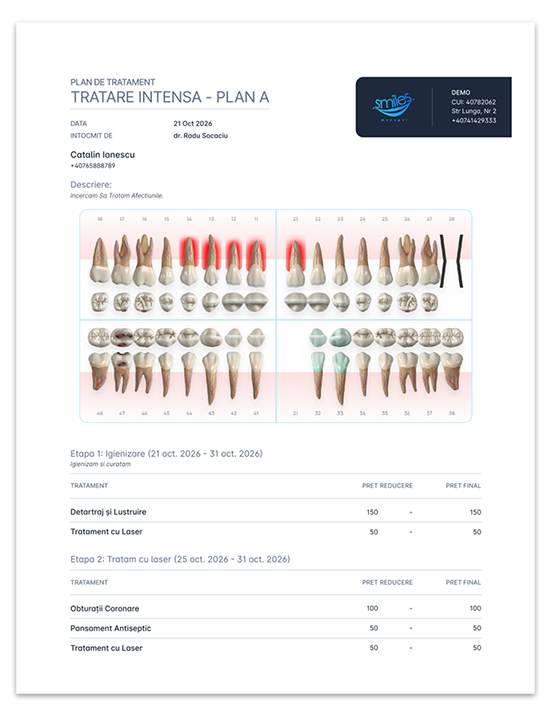 Smiles Manager - Etape, costuri și discounturi pentru planul de tratament stomatologic